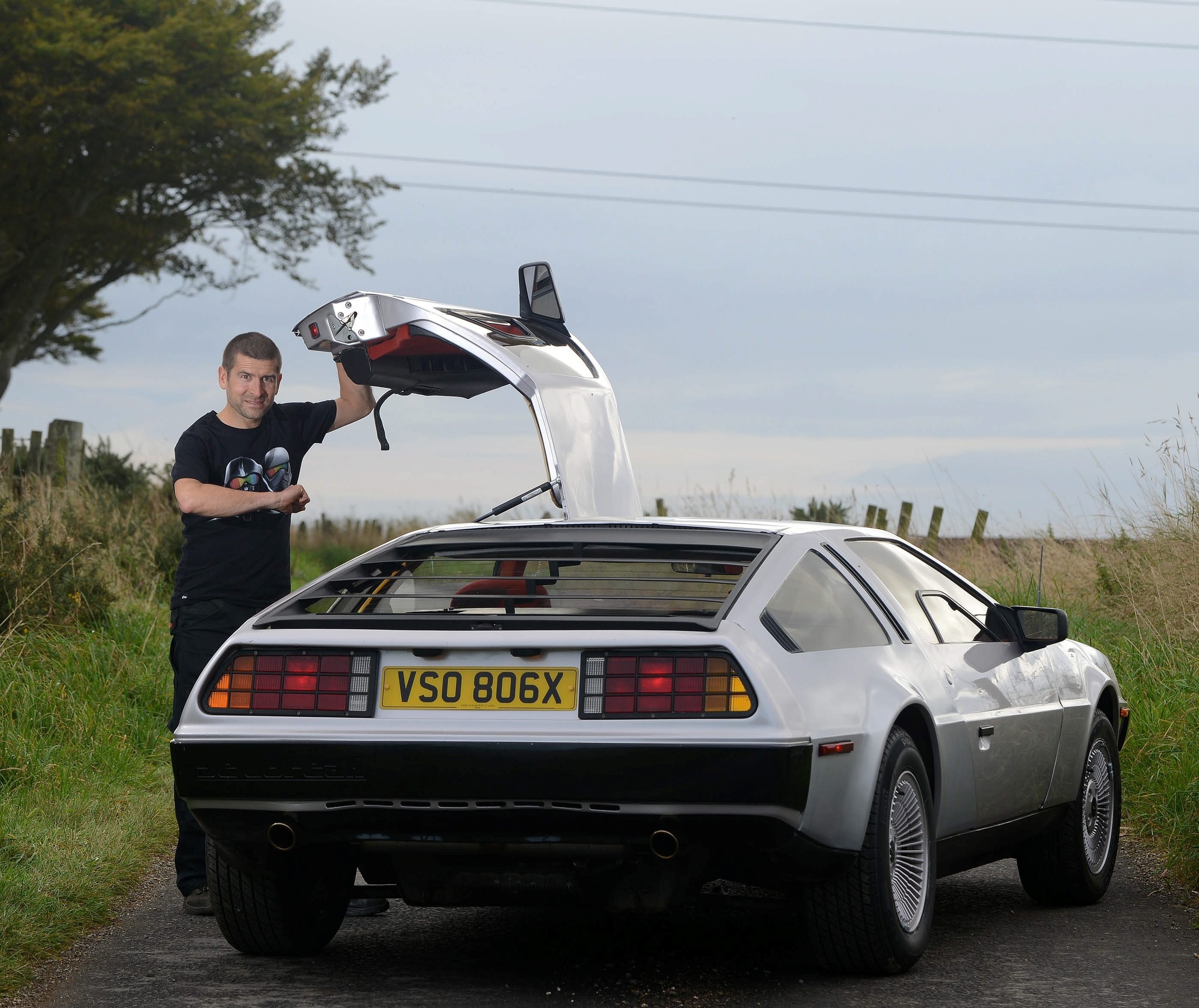 This is Paul Mackie, 44, of Stonehaven, with his Delorean.  The Scots petrol-head has taken a 1981 silver DeLorean back to the future -- after it lay rotting in a garage for decades.