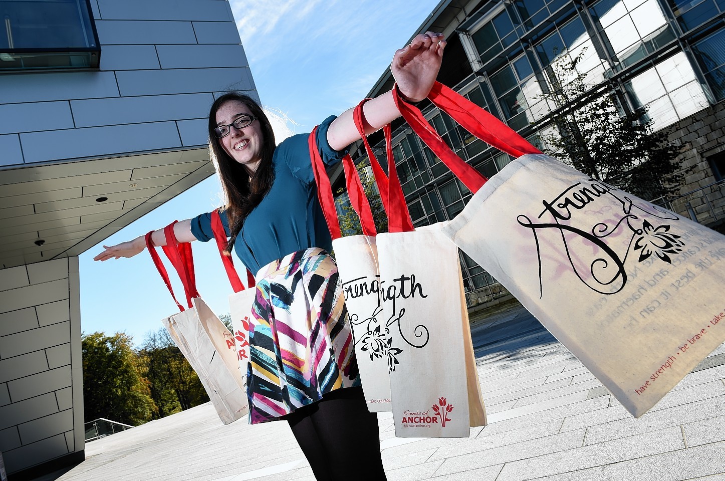 RGU media student Joanna MacQueen launches her newly designed tote bags to raise money for Friends of ANCHOR following their sell-out success at Courage on the Catwalk.
