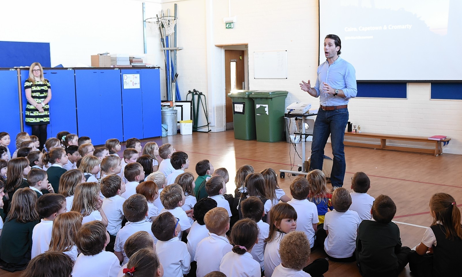 Long distance cyclist Mark Beaumont gives an inspirational talk to pupils at Gordon Primary School, Huntly.