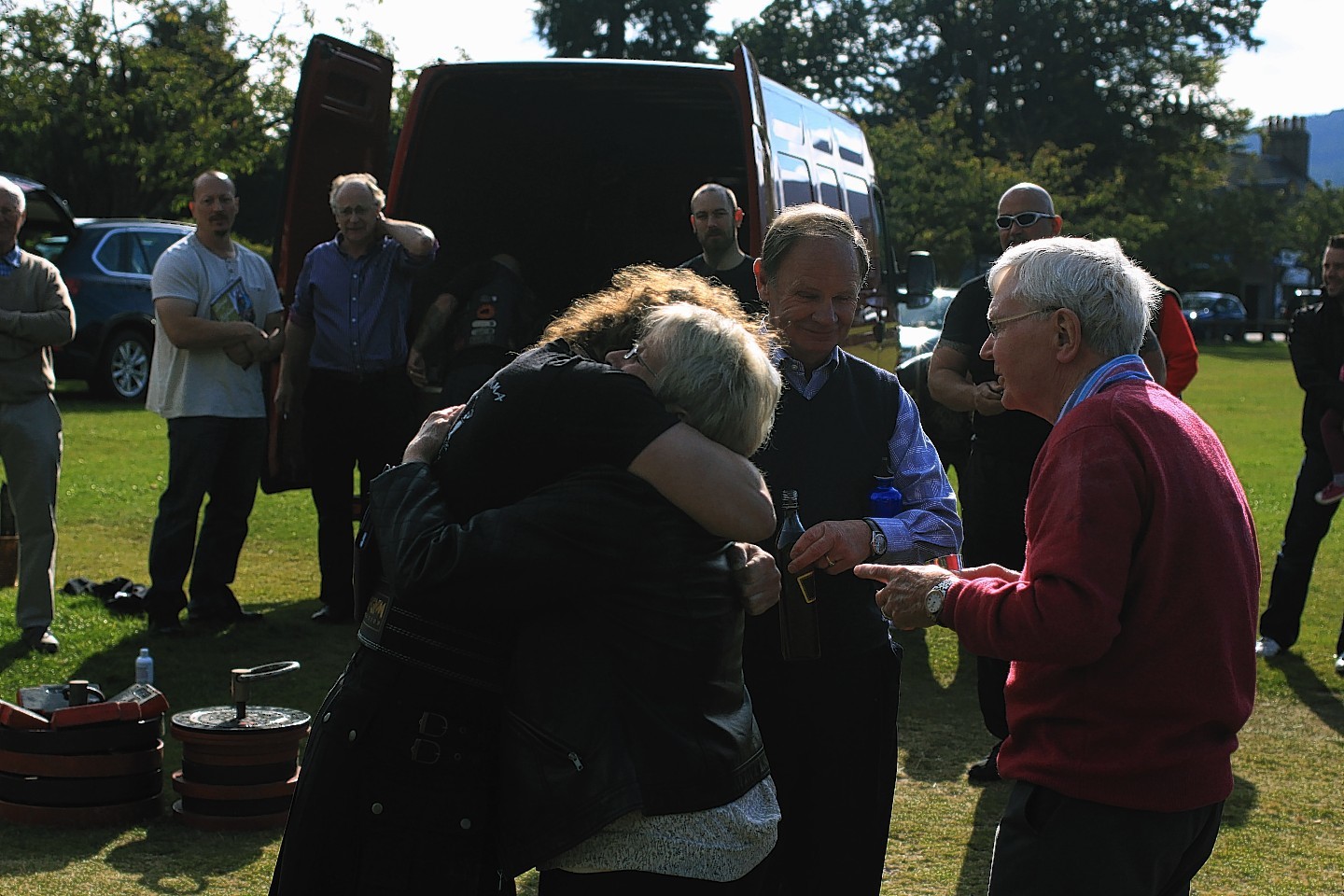 Stevie embraces his mother, Joyce Shanks, after lifting the Dinnie Steens