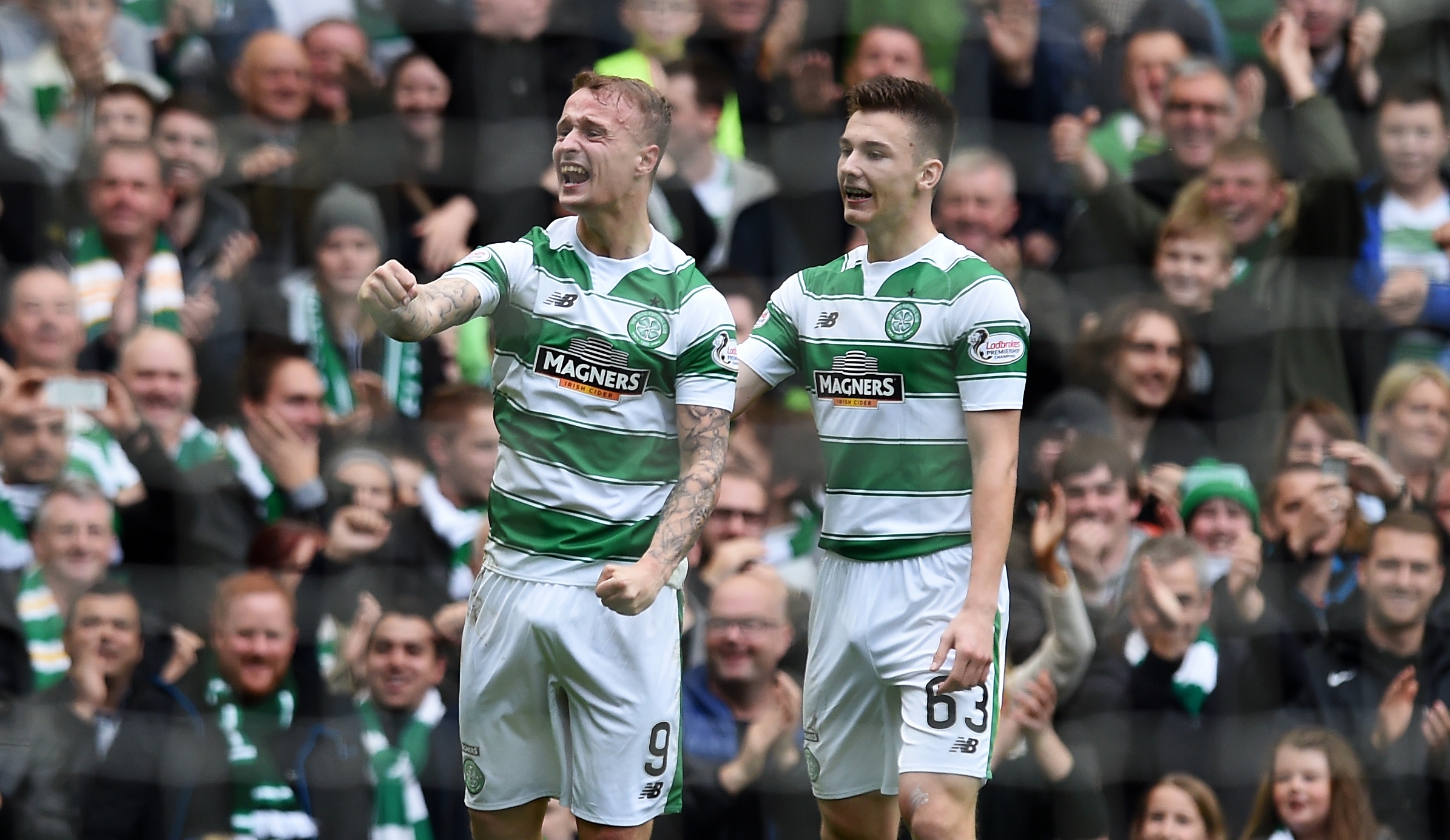 Griffiths (left) celebrates his first goal with team-mate Kieran Tierney