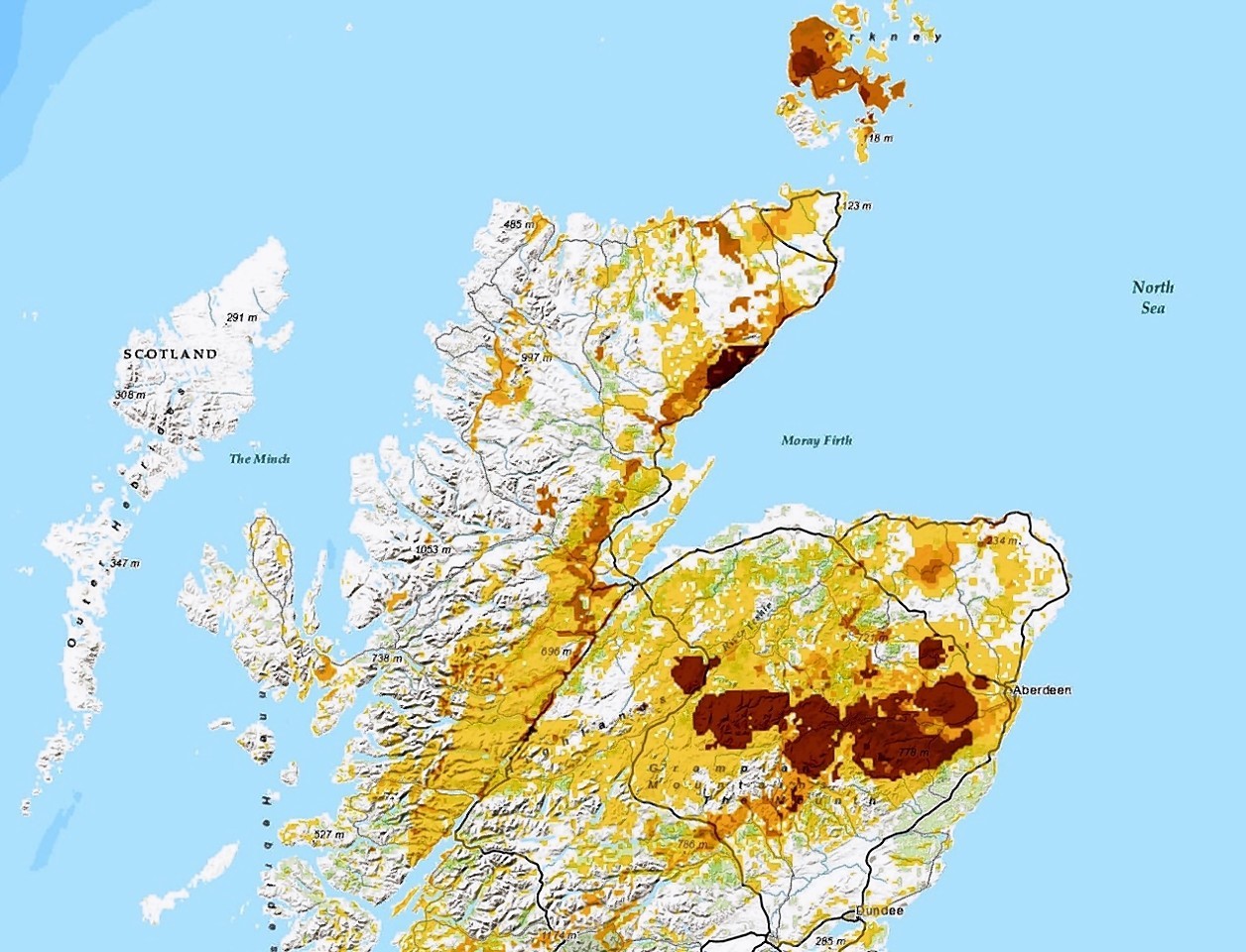 Radon Gas hot spots map in the north of Scotland