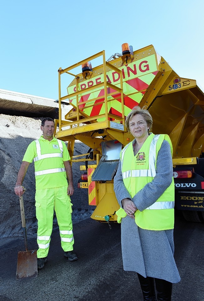 Aberdeen City Council Leader Jenny Laing launching Aberdeen City Council's winter maintenance programme with road worker John Hanvey at West Tullos Depot.