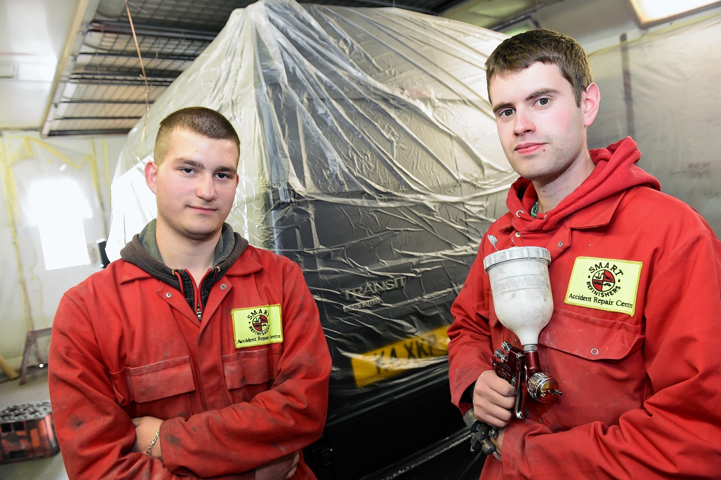 Apprentice 100 ; 
Smart Refinishers, Dyce Drive, Aberdeen.    
Pictured - Panel Beater Dariusz Lewandowski  (left) and Painter Steven Milne.         
Picture by Kami Thomson    25-09-15