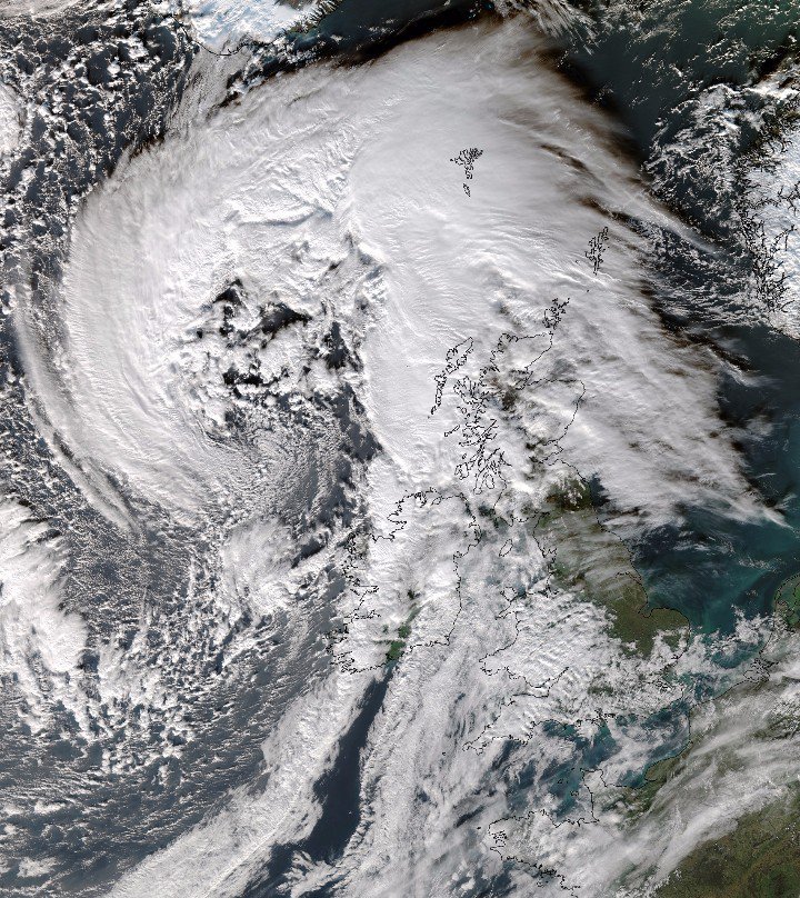 A satellite image of Storm Abigail over the UK