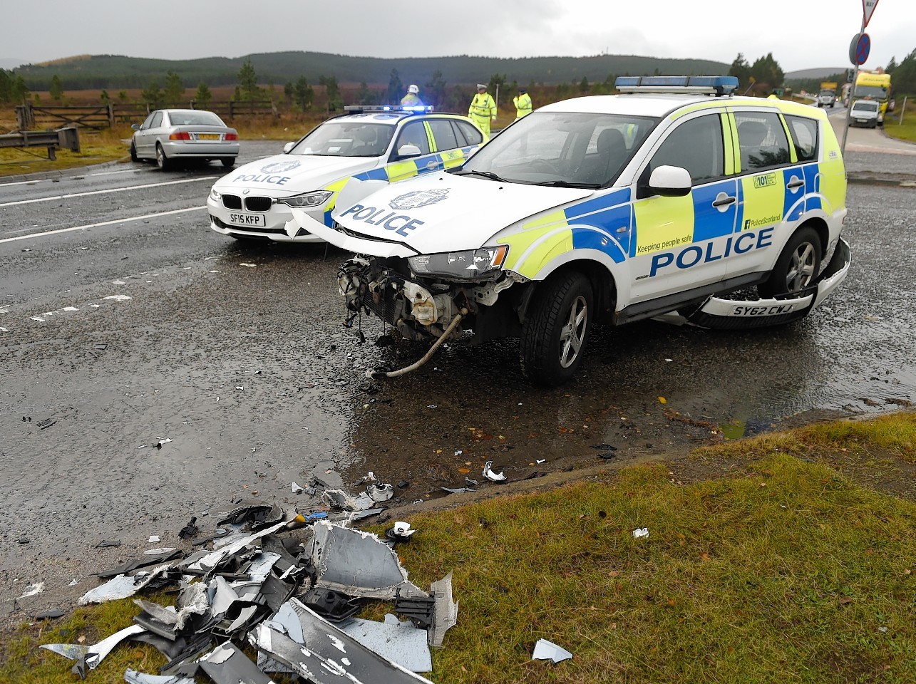 The police car after the crash on the A9 at Carrbridge