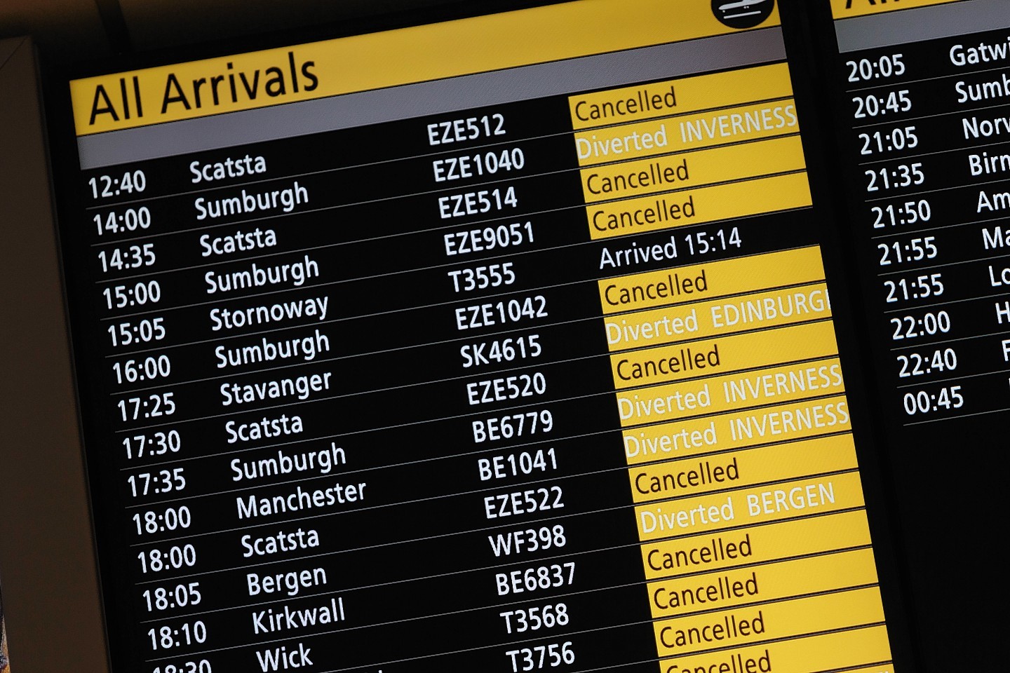 Boards at Aberdeen Airport show the lengthy list list of cancellations