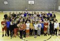 Buckets Blade and Zeus McClurkin with the St Machar Academy pupils.  
Picture and video by Colin Rennie