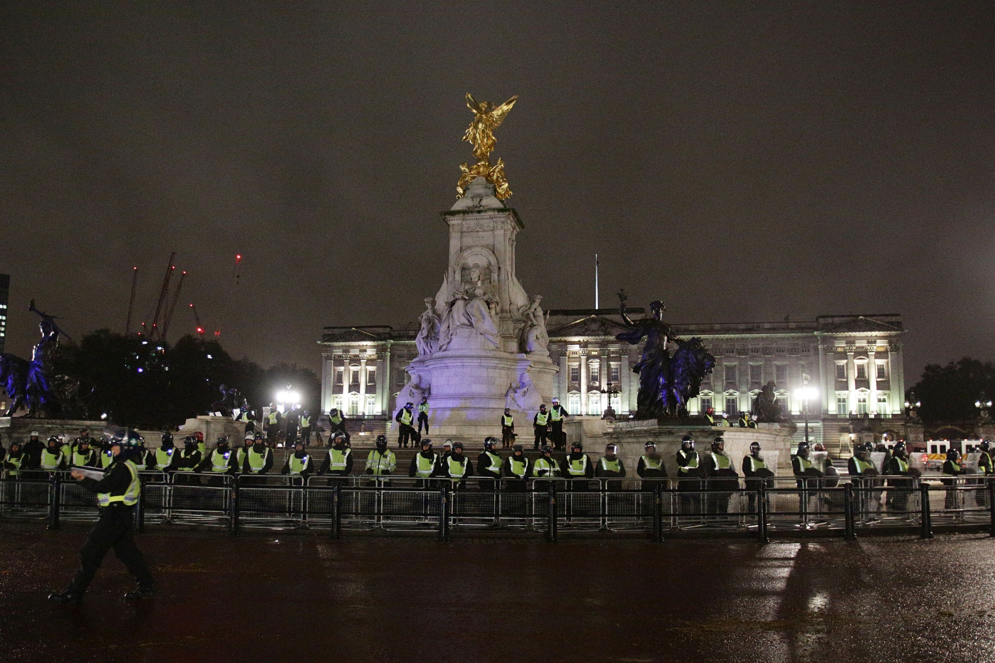 A large police presence outside Buckingham Palace