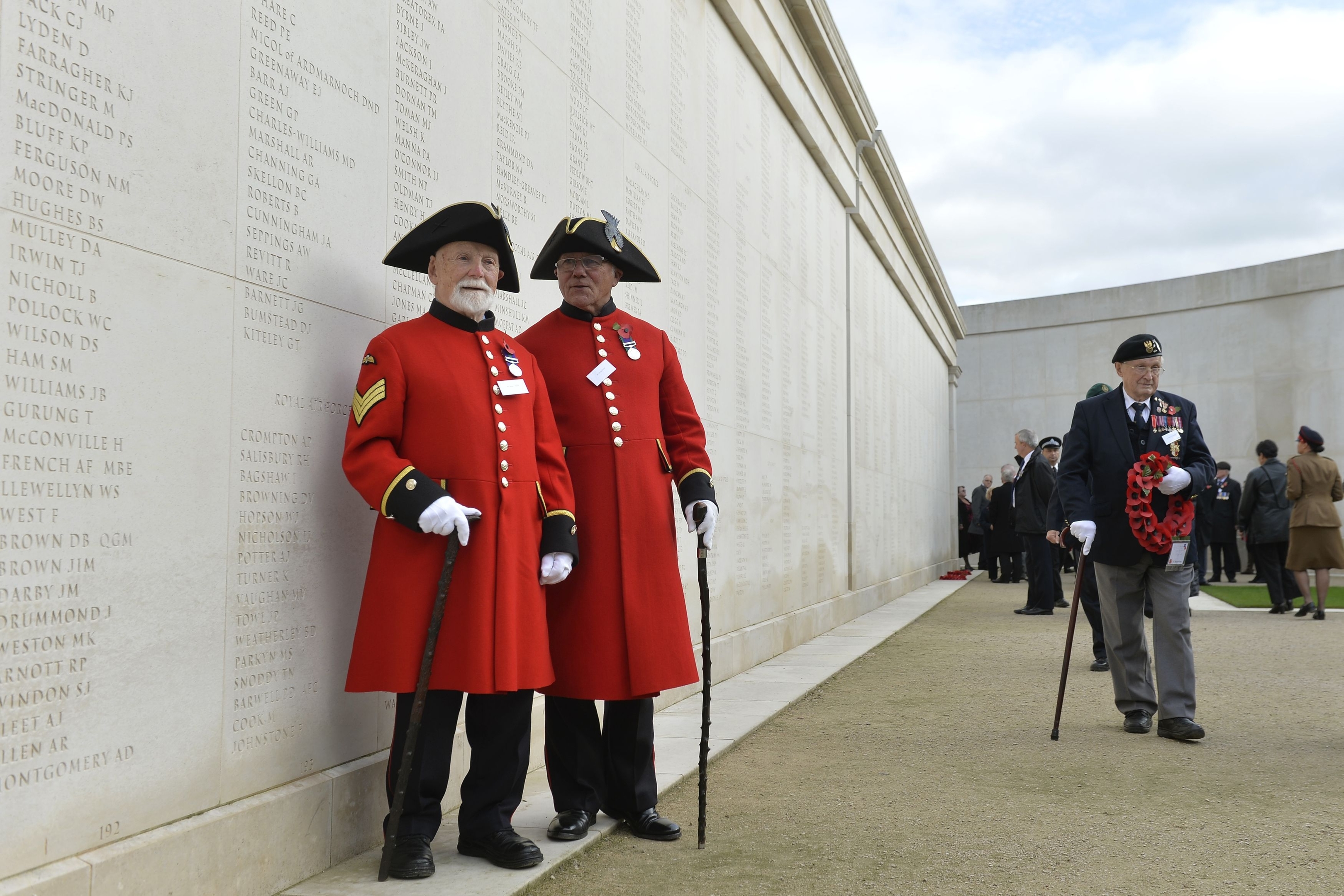 Chelsea Pensioners James Fellows (left) and David Grant (right) following a service at the National Memorial Arboretum in Alrewas, Staffordshire to mark Armistice Day, 