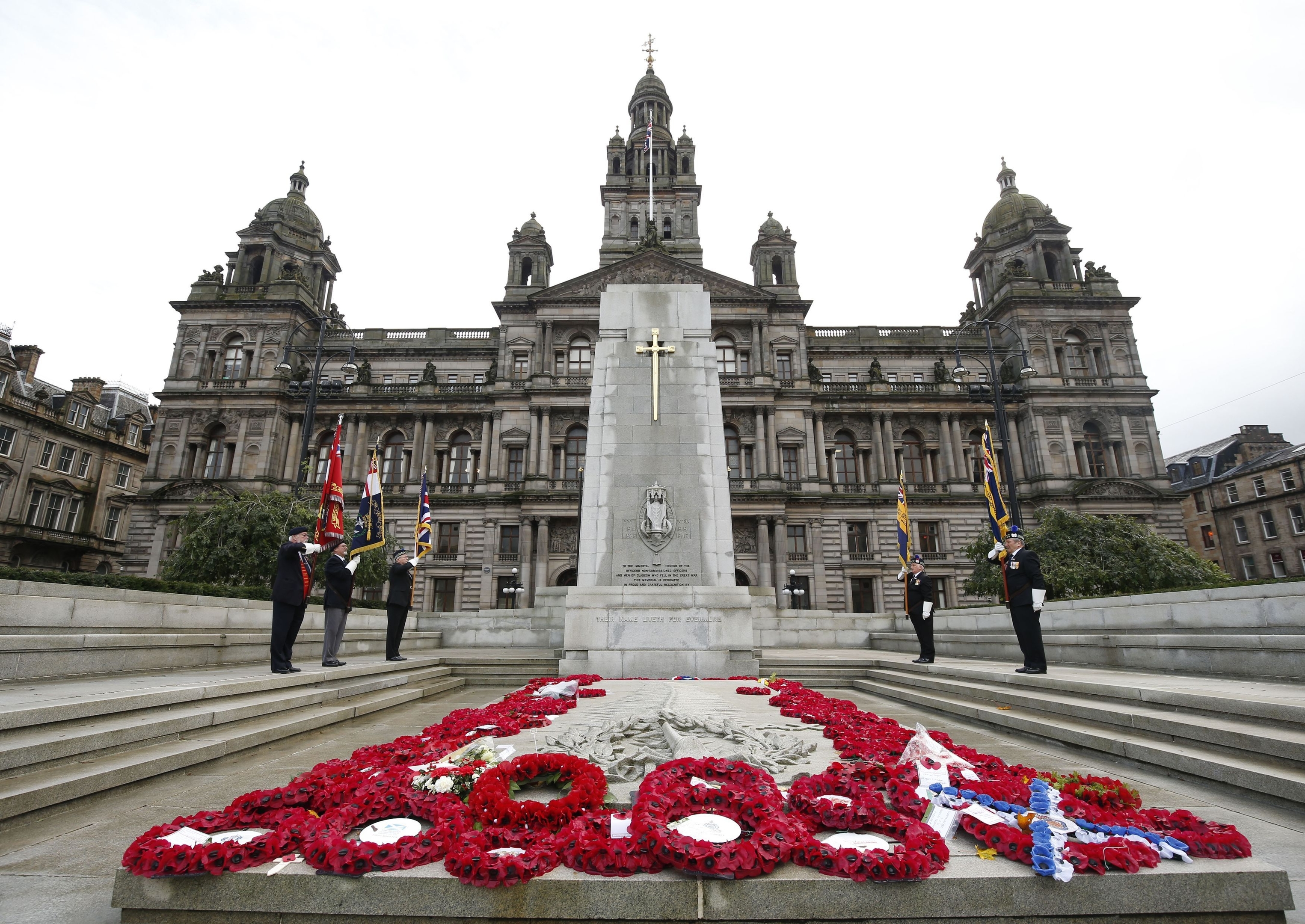 Two minutes silence is observed at the Cenotaph monument in George Square, Glasgow to mark Armistice Day, the anniversary of the end of the First World War. 