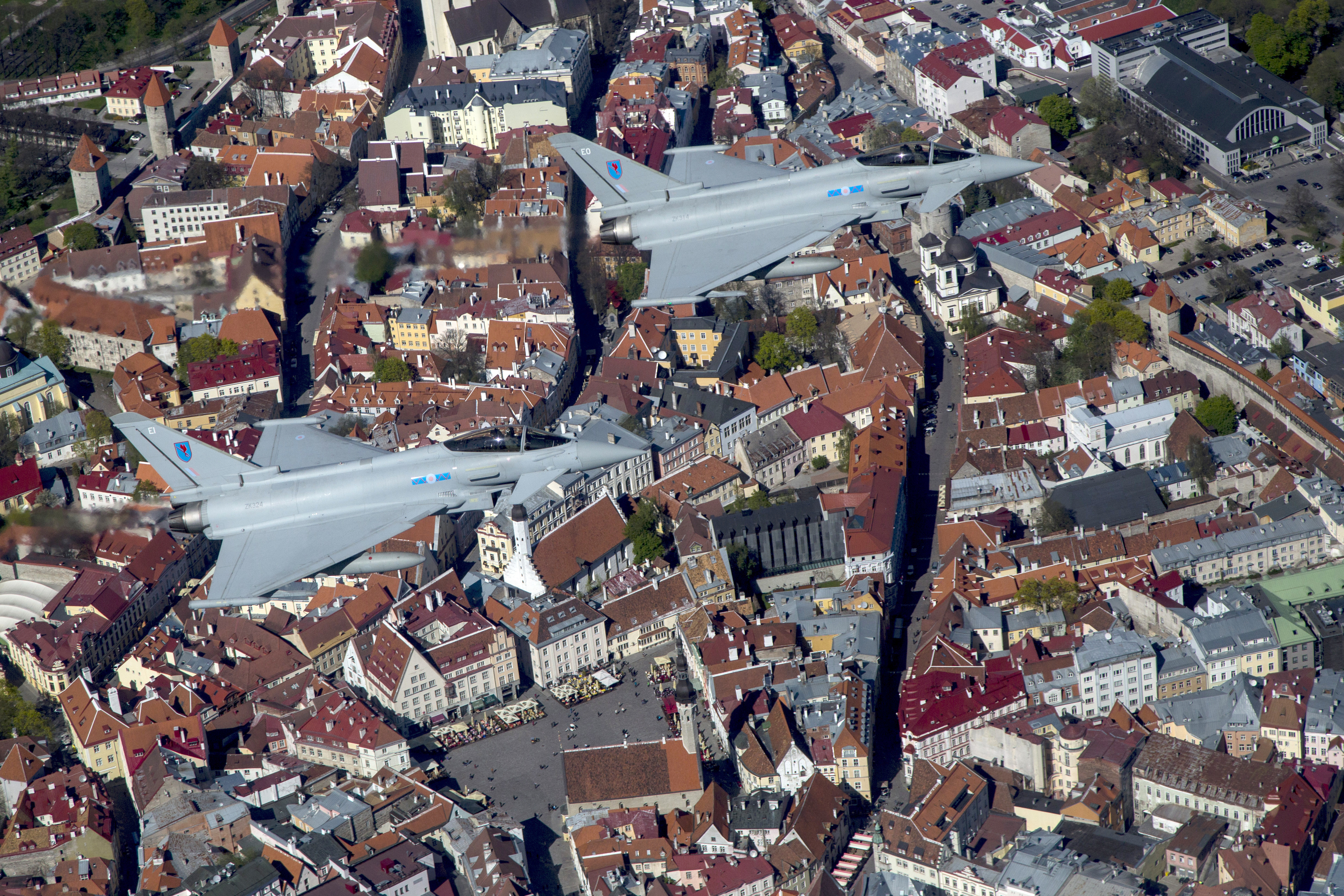 A flight over Tallinn City, Estonia, by two Royal Air Force Typhoons from 6 Squadron on NATO's Baltic Air Policing Patrol.