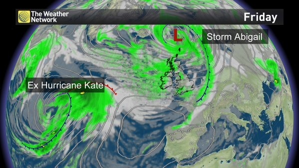 The remnants of Hurricane Kate are expected to arrive on UK shores this weekend