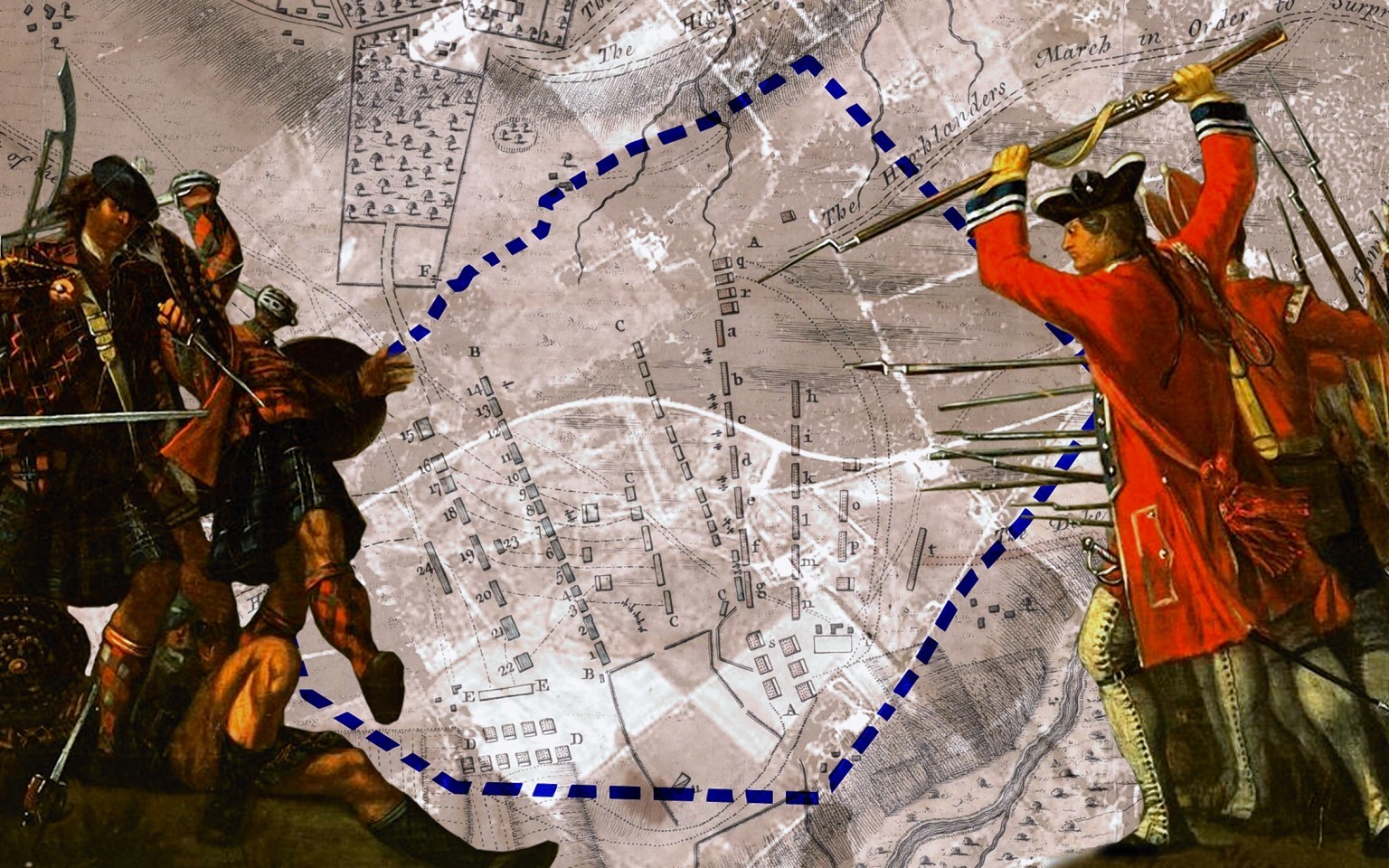 A rough map of the Culloden battlefield site with a blue marker showing the current conservation line.