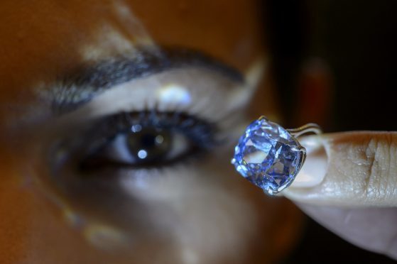 The rare Blue Moon Diamond during a preview at  Sotheby's, in Geneva, Switzerland.