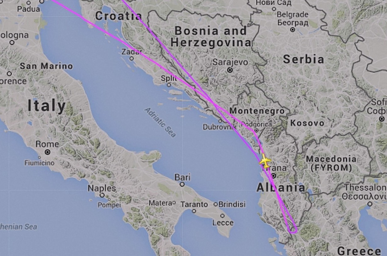 The radar shows a Thomas Cook plane heading for Sharm El Sheikh making a surprise U-turn over Albania