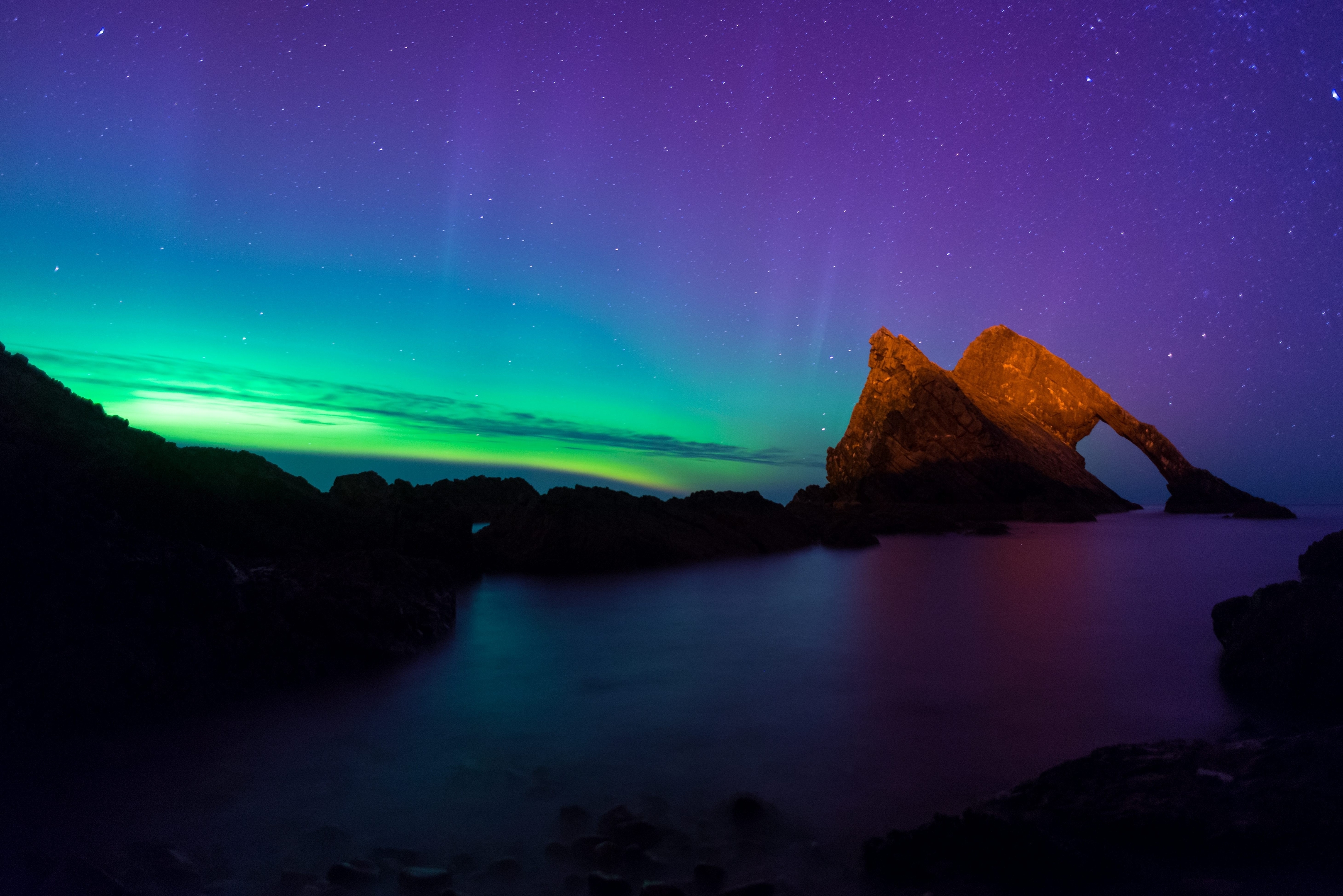 Stunning Aurora seen in Portknockie, Scotland, by Fancis Masson. See Ross Parry copy RPYAURORA:  Space weather forecasters predicted strong showing of the Aurora on Tuesday. The predicted global geomagnetic activity could have reached reached as high as kp6 overnight, meaning parts of northern UK could see the aurora activity.