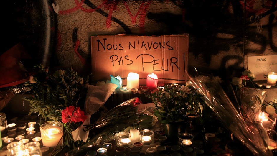 A board reads "We are not Afraid" at the Place de la Republique, in Paris (AP) 