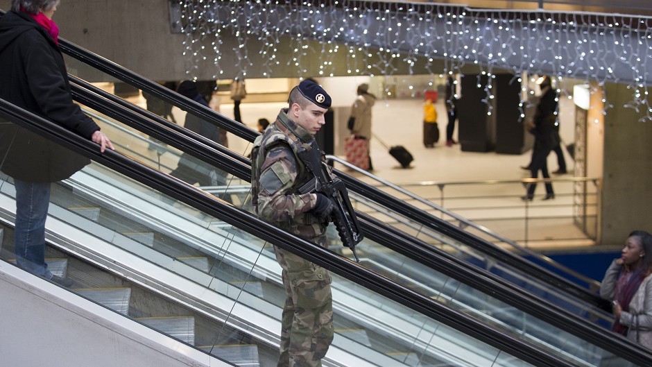 A French soldier patrols at Gare du Nord train station in Paris (AP)