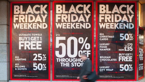 Posters advertising Black Friday sales on London's Oxford Street