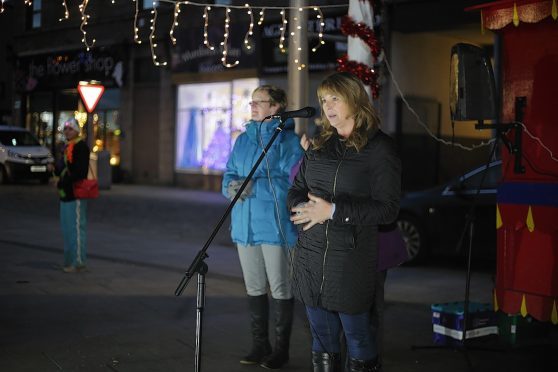 Shirley Duthie giving a speech at the Peterhead Christmas light switch-on