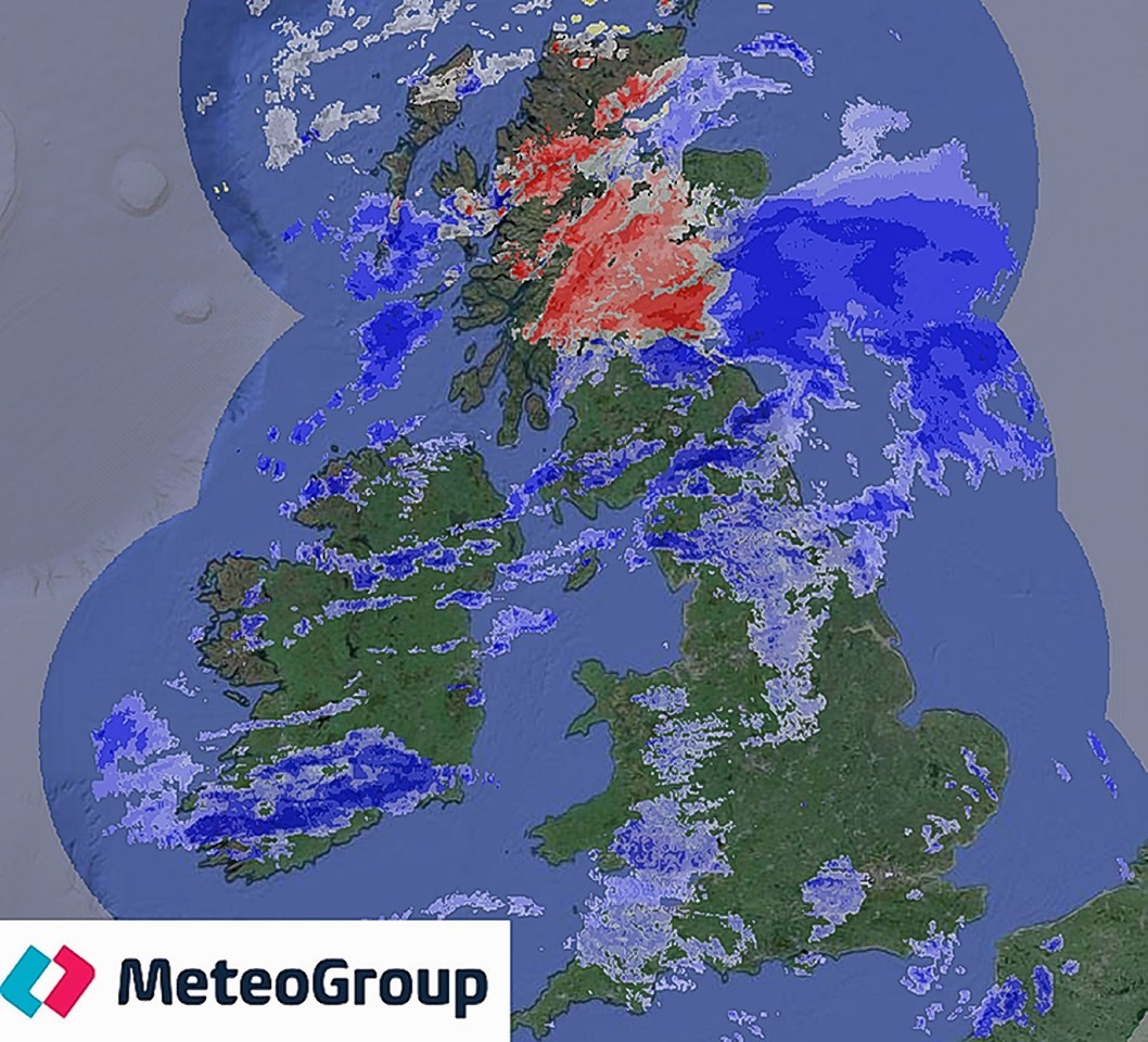 MeteoGroup satellite image with blue showing rain, red showing snow, and grey showing a risk of snow, as the newly-named Storm Clodagh makes its way to Britain. 