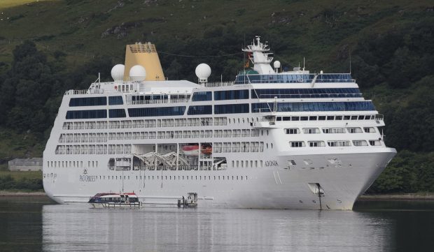 The 700 passenger Adonia at anchor in Loch Linnhe