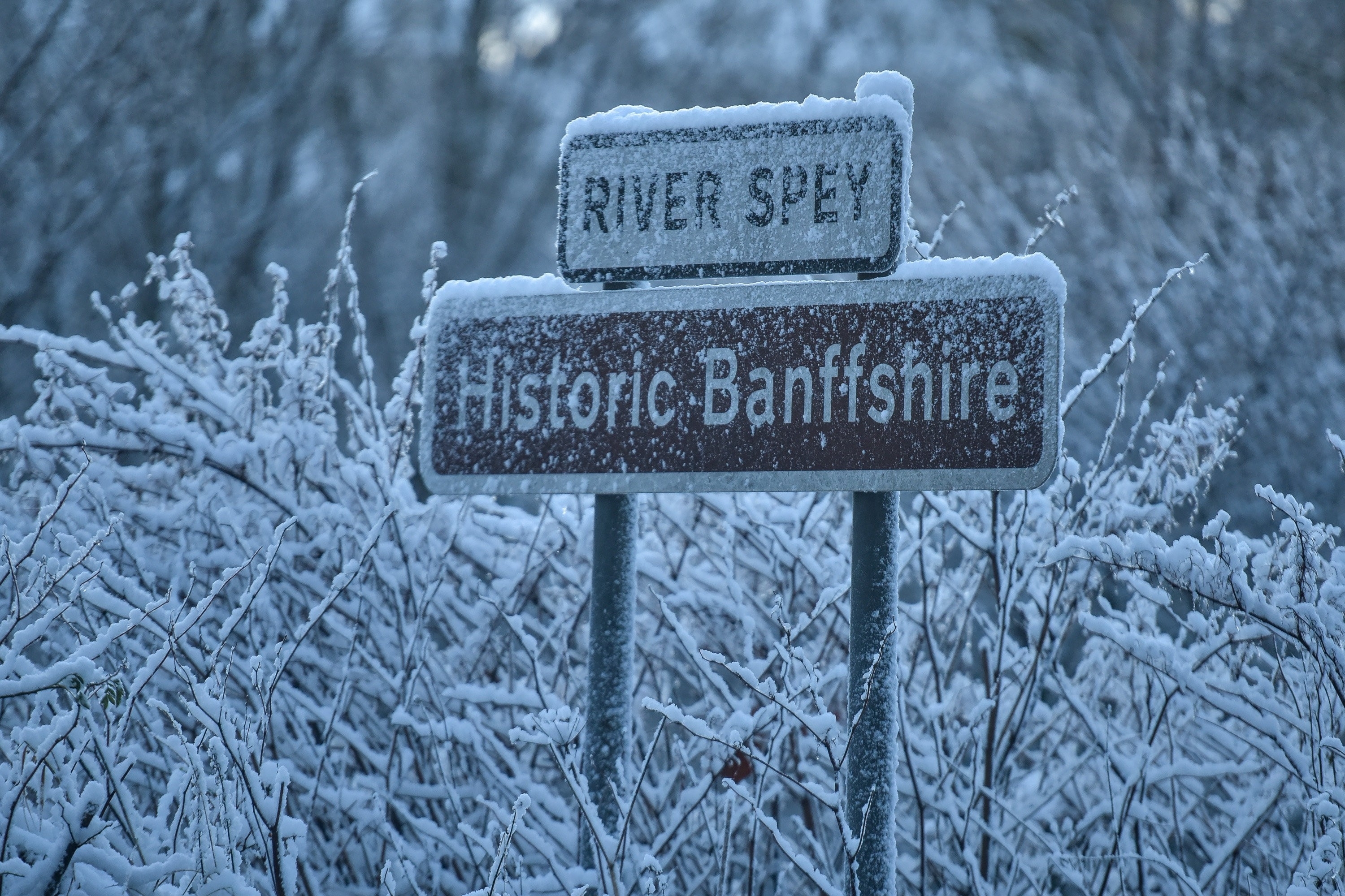Snow covers a sign for the River Spey near Craigellachie, Moray on November 30 2015. Storm Clodagh has brought high winds and snow showers which covered the north of Scotland.