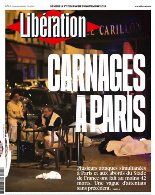 Left-leaning paper Liberation had the headline "Carnages A Paris", and focused on the attacks around the Stade de France. It described it was "an unprecedented wave of attacks".