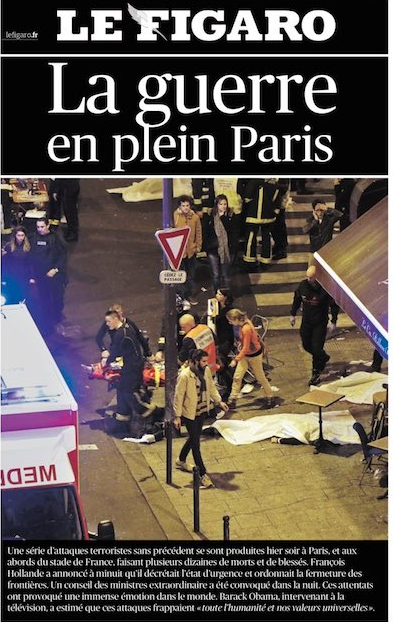 Right-leaning paper Le Figaro went with the headline "La Guerre en plein Paris" - An open war in Paris.