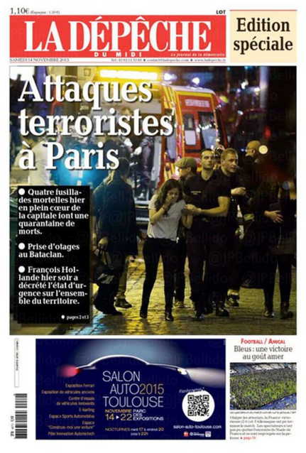 LA Depeche du Midi, a regional paper from south-west France, simply read: "Attaques terroristes a Paris" - Terrorists attack in Paris