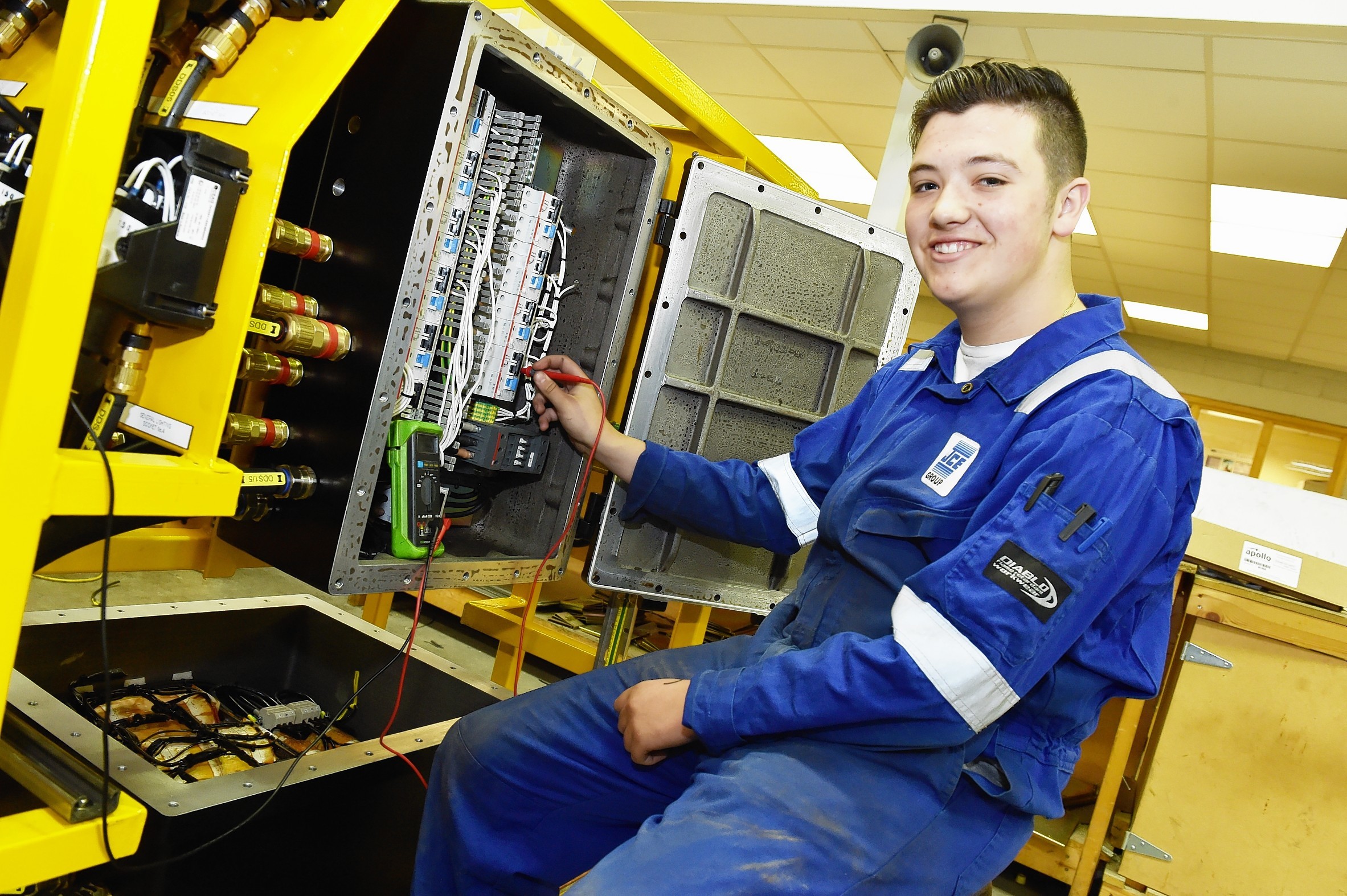 Apprentice Gregor Pirie with a distribution system for tank cleaning on FPSO's.
