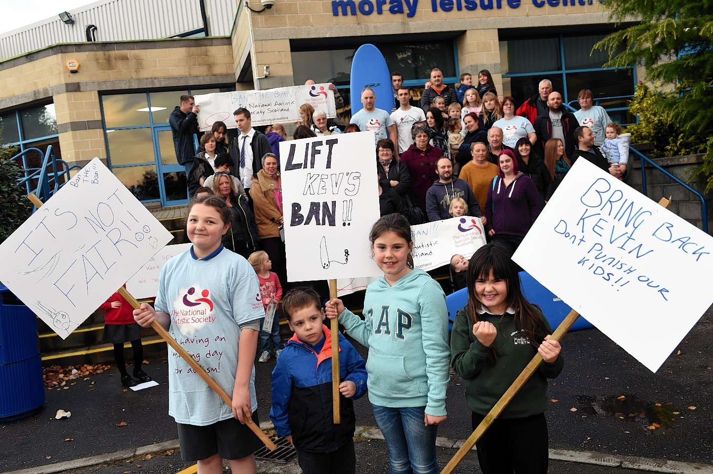 Protesters Caitlin Raffan, Stevie Fraser, Disney Donaldson, and Natalie Santos outside Moray Leisure Centre. Picture by Gordon Lennox