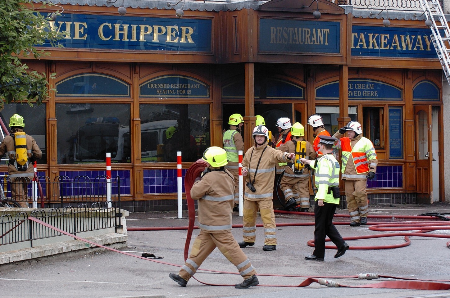 Fire crews at the sene of the Bervie Chipper blaze. Picture by Kami Thomson