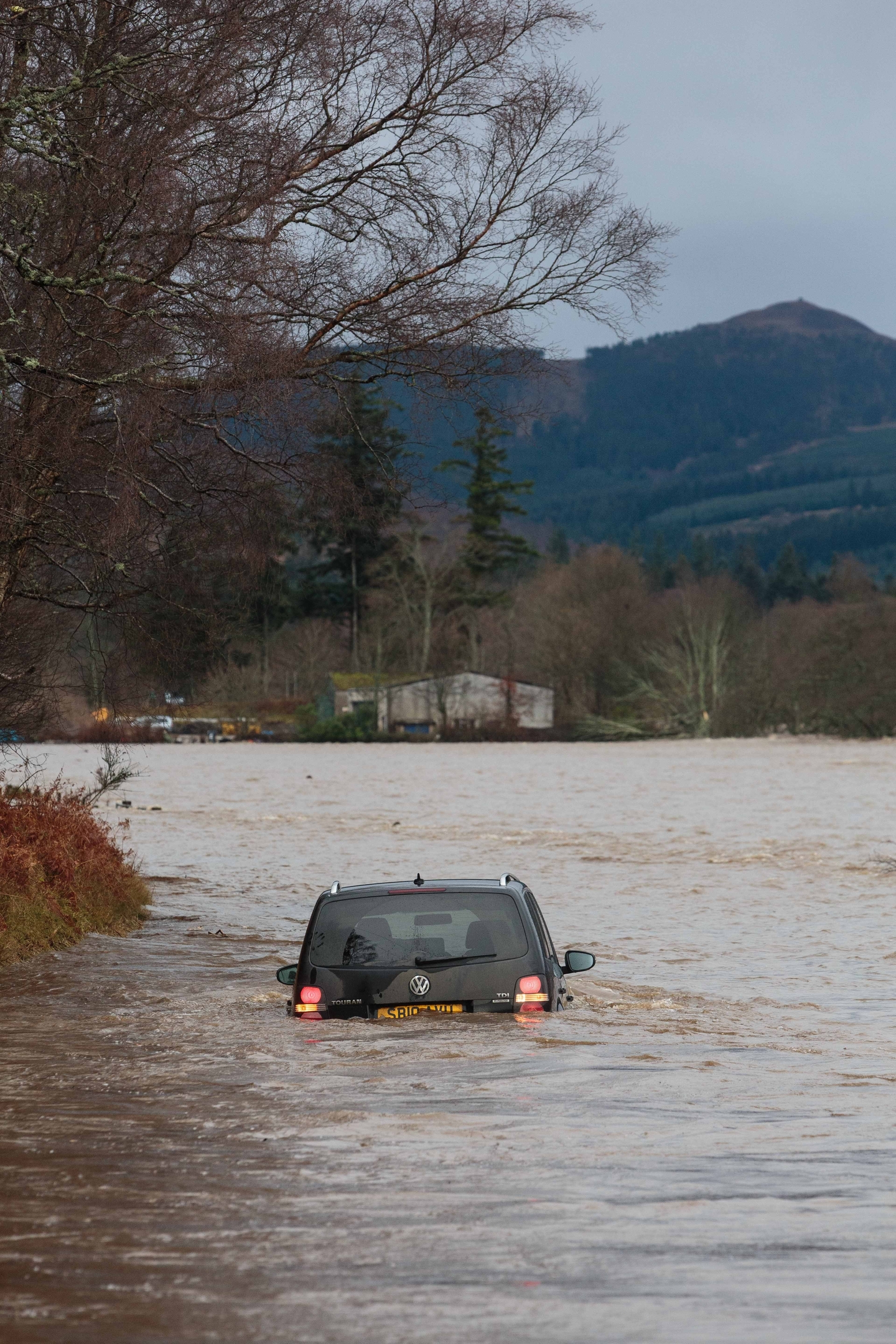 A car submerged near Ballater on the South Deeside Road 