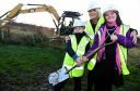 Aberdeen City Council Convener of Education Angela Taylor with Hazelwood School pupils Sonny Giles (left) and Rebecca Thompson at the turf cutting ceremony. Picture by Kami Thomson