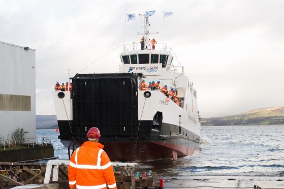 The MV Catriona ferry being launched on the Clyde at Port Glasgow on  December 11, 2015.