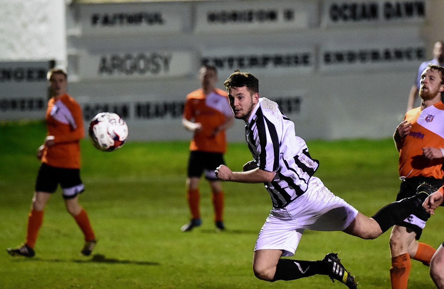 Fraserburgh's Steven Davidson scores another header for his hatrick.    Picture by Kami Thomson  