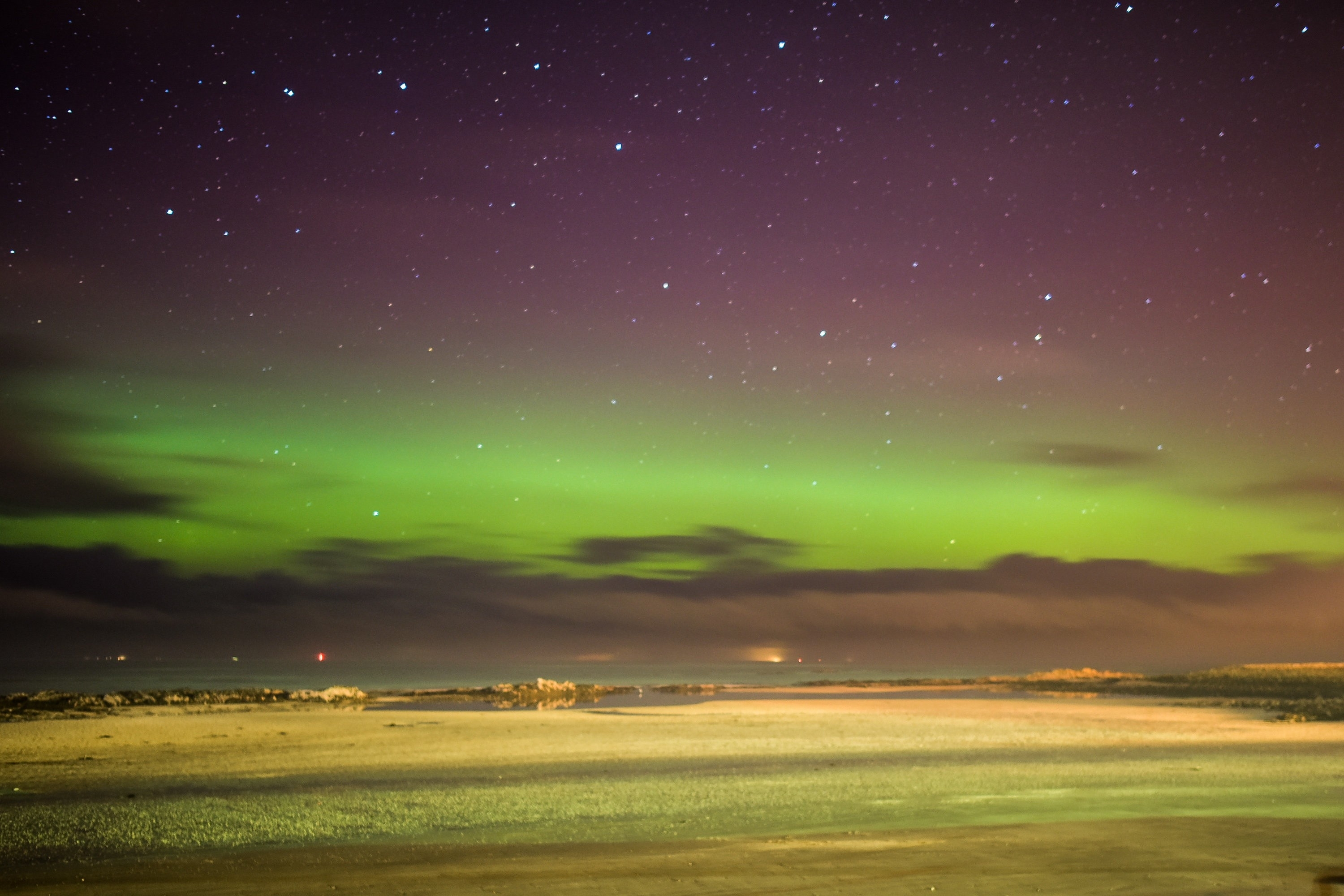 The Northern Lights, Aurora Borealis, are seen over the West Beach in Lossiemouth, Moray on December 14 2015.