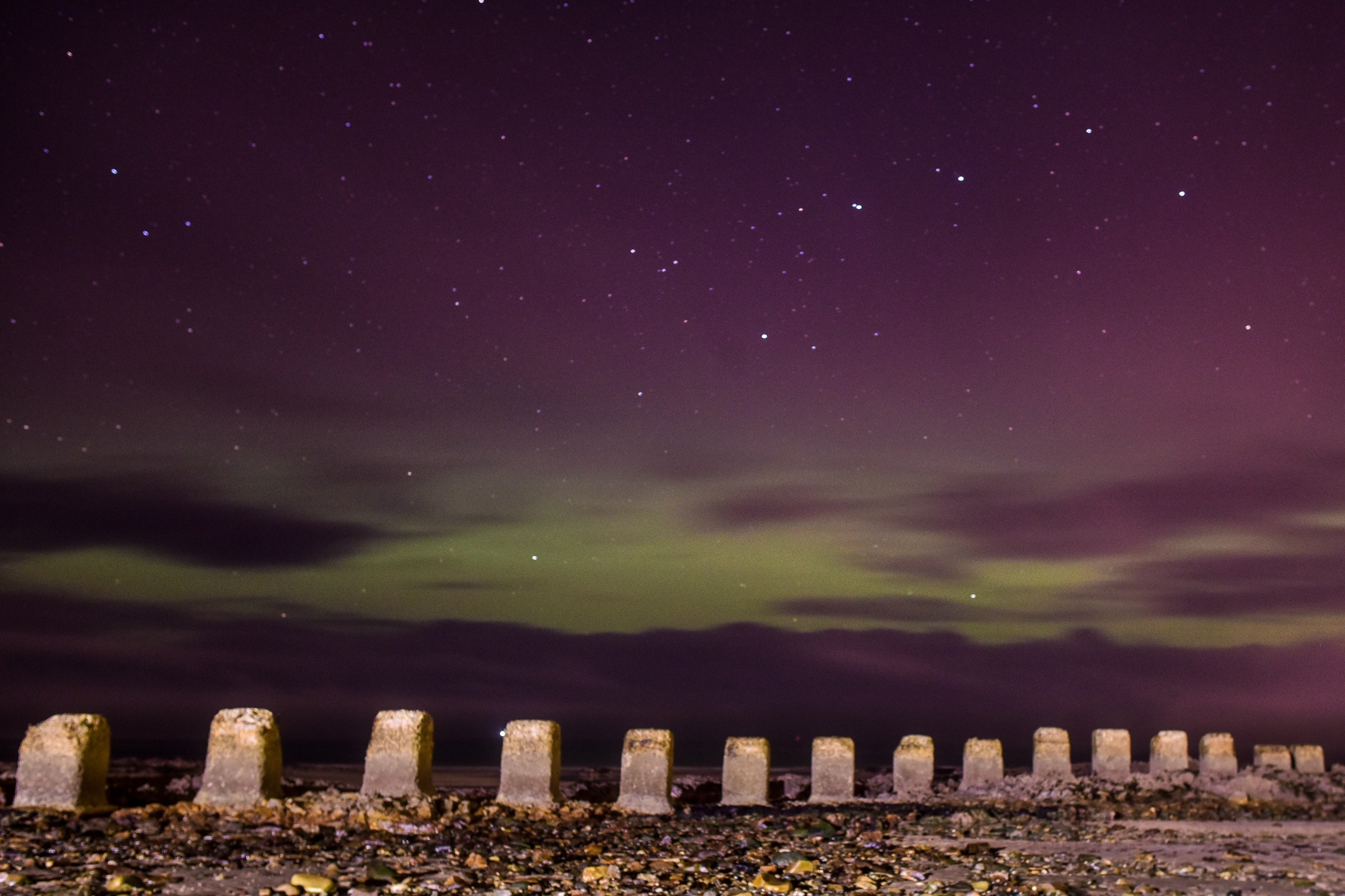 The Northern Lights, Aurora Borealis, are seen over the West Beach in Lossiemouth, Moray on December 14 2015.