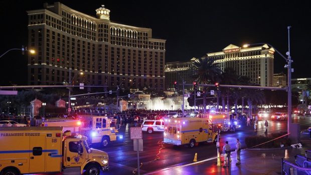 Police and emergency crews at the scene of the car accident along Las Vegas Boulevard (AP)