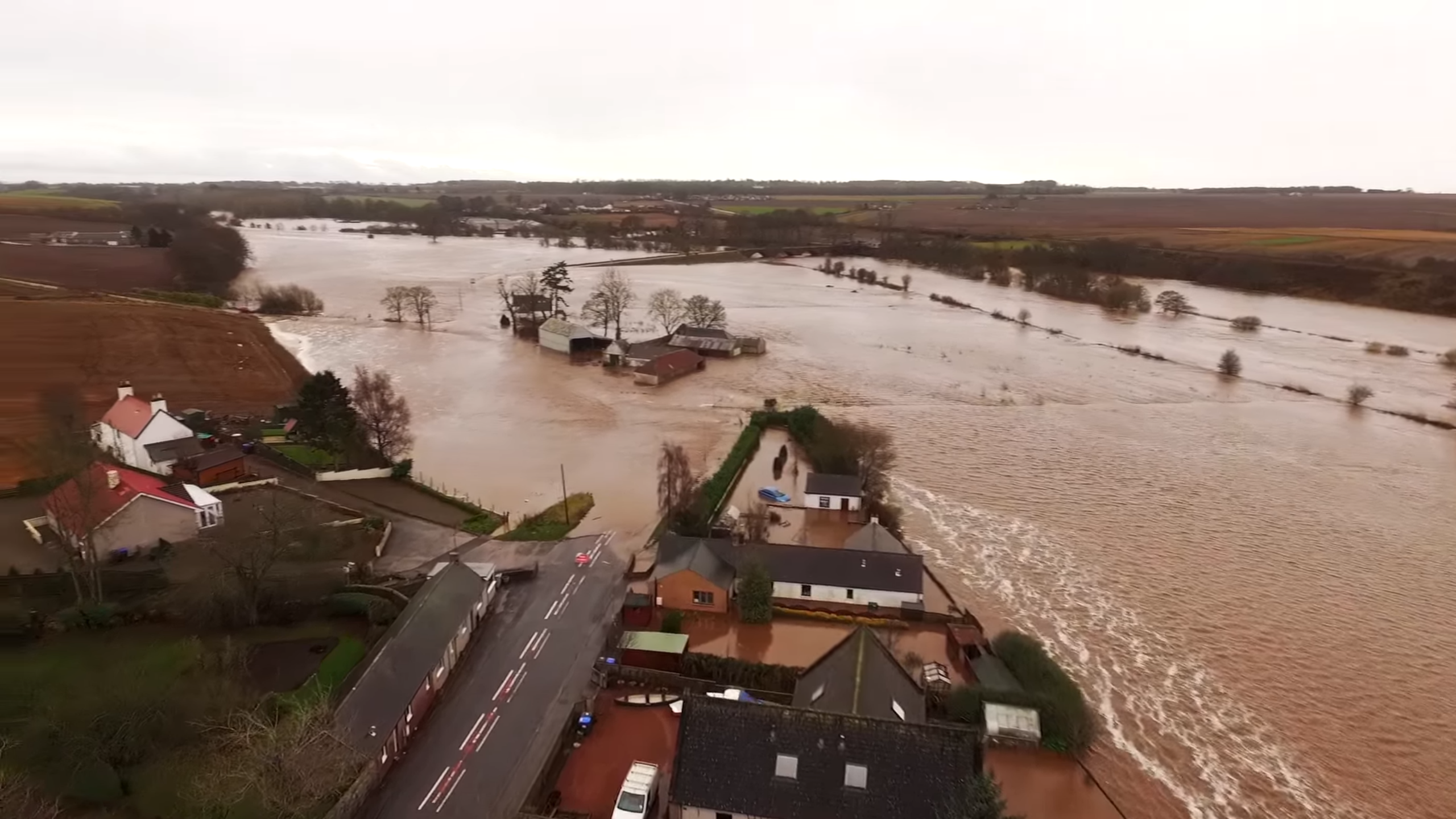 Drone footage shows flooding over Markirk, Aberdeenshire
