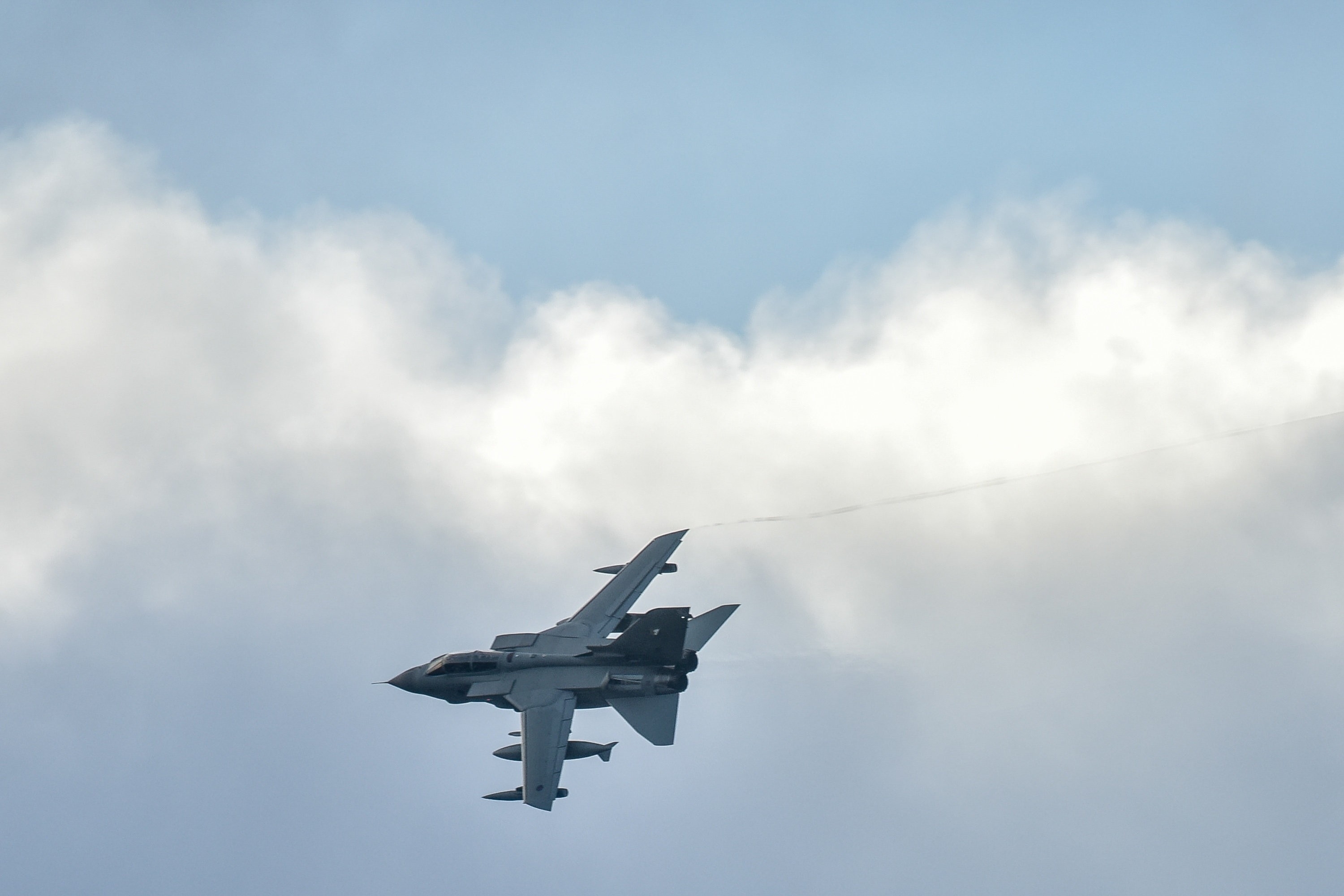 An RAF Tornado GR4 is pictured flying above RAF Lossiemouth