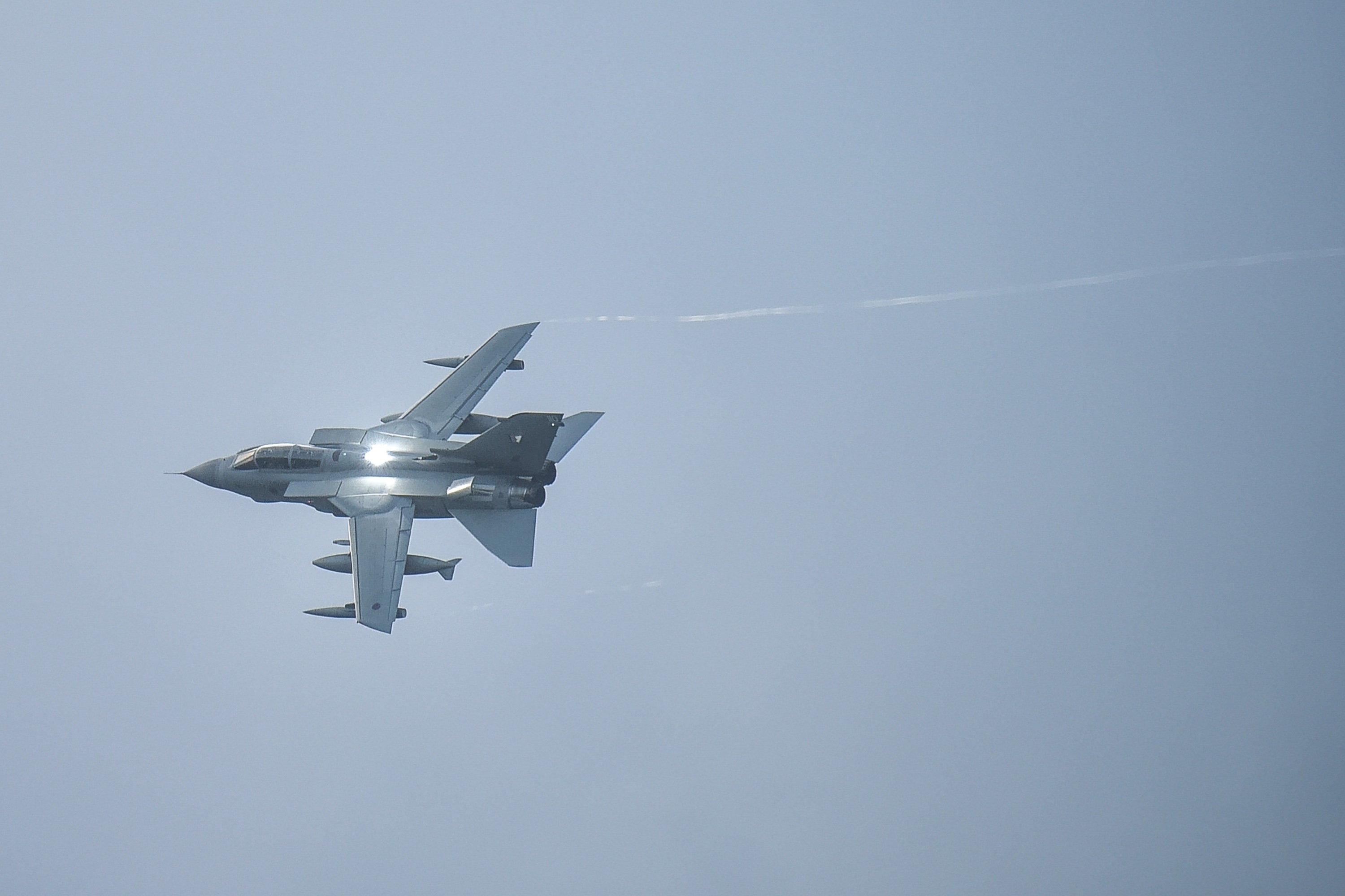 An RAF Tornado GR4 is pictured flying above RAF Lossiemouth