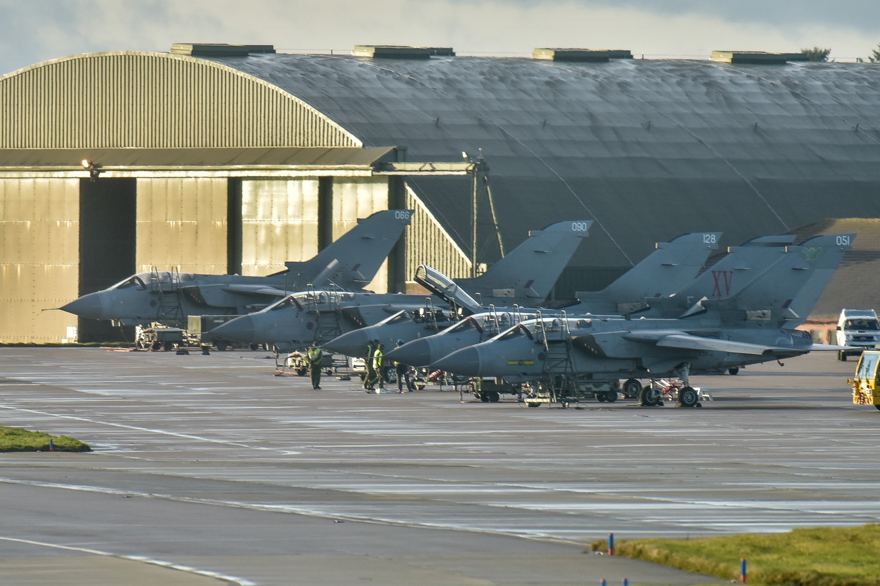 RAF Tornado GR4s are seen parked at RAF Lossiemouth, in Lossiemouth, Moray on December 02 2015. December 02 2015. On the day MPs debate and vote whether to send RAF planes to Syria to bomb Islamic State targets.