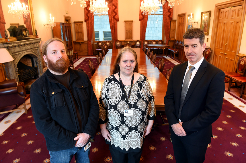 Caption: (from left) Simon Pringle, Services manager for Drugs Action, Councillor Lesley Dunbar, Aberdeen Council and Detective Inspector Graham Smith, Domestic Abuse Investigation Unit, at Aberdeen Town House launching a unique scheme in Aberdeen over the festive period to help those affected by domestic abuse.