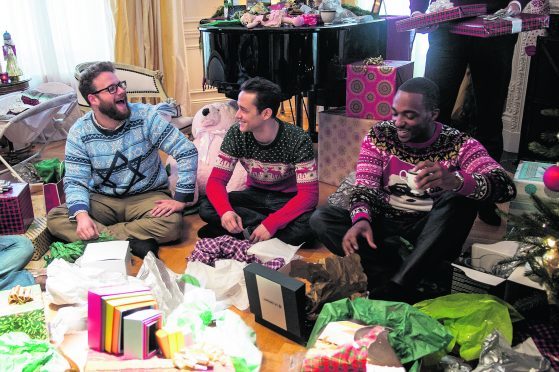 From left:  Seth Rogen, Joseph Gordon-Levitt and Anthony Mackie in The Night Before