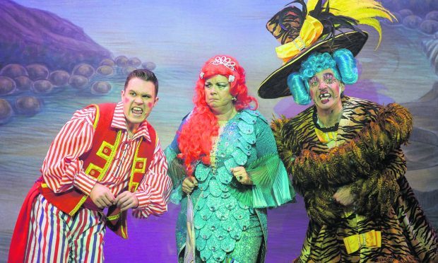 Jordan Young, left, as Smee, Elaine C. Smith as The Magical Mermaid and Alan McHugh as Dame Maggie Celeste.