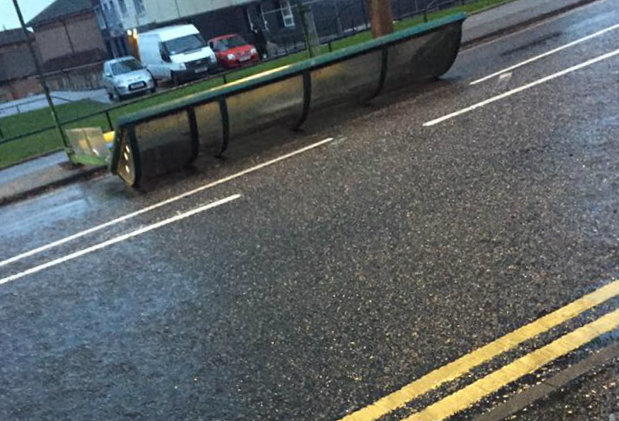 This bus shelter blew into the road on Cairncry Road