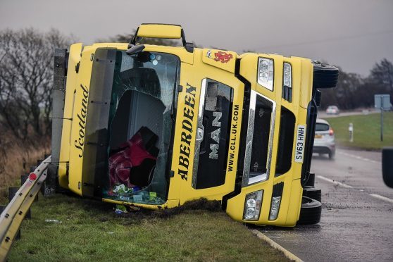 Lorry overturned on the A96 by the strong winds